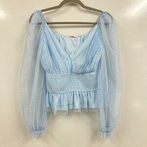 Mi Ami Blue Swiss Dot Sheer Puff Sleeve Smocked Babydoll Top Medium Cottagecore